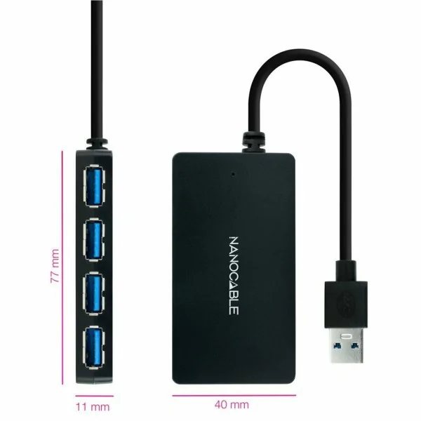 USB Hub NANOCABLE Hub USB 3.0 con 4 Puertos de USB 3.0, USB-A/M-USB 3.0/H, Negro, 15 cm Black